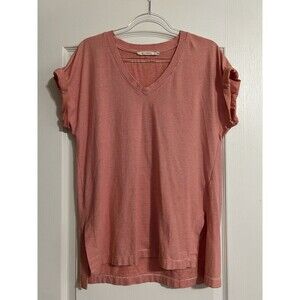 Ellison Red and White Striped Split Hem V-Neck Top Size M Rolled Short Sleeves